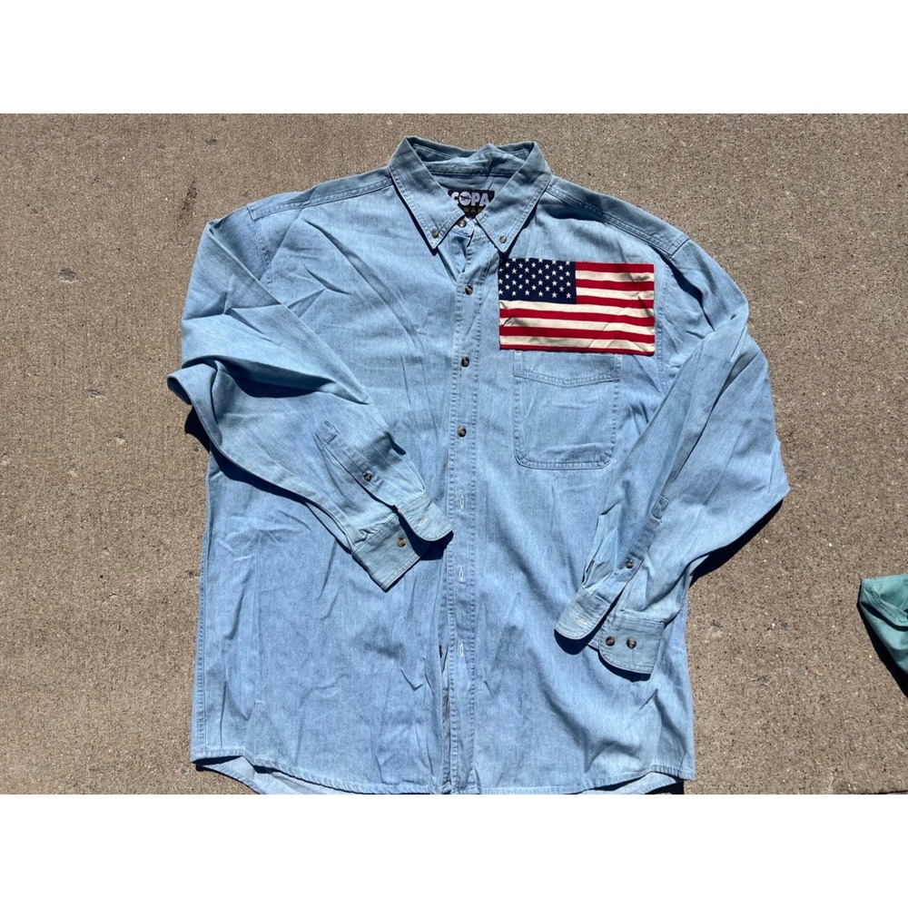 Vintage Copa Banana American Flag Denim Shirt Mens XL Light Wash Button Down